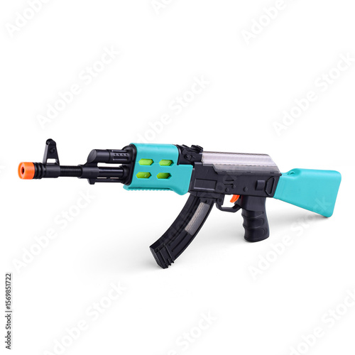 Plastic children's black and blue machine gun on a white background.