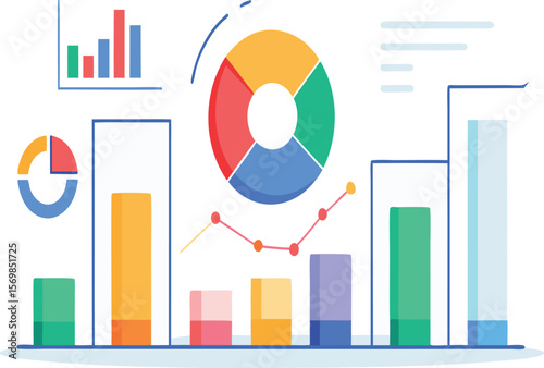 Illustration of various data visualization charts and graphs on a blue background in a modern style