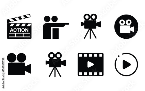 Filmmaking Icon Set – Director, Cameras, and Playback Symbols in Silhouette Style