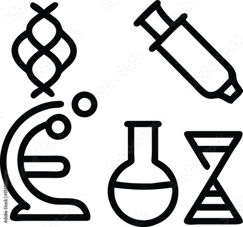 Black and White Line Art Illustration of Science Lab Equipment D N A Microscope Beaker Pipette vector