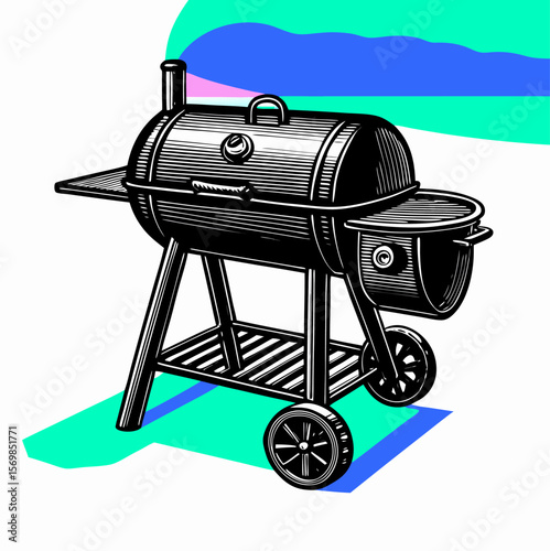 Black Offset Smoker Grill on Wheels, Outdoor Cooking