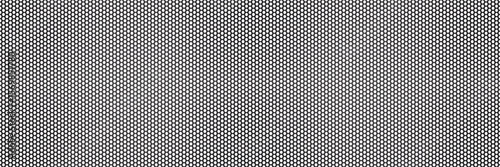 Black metal speaker mesh with honeycomb grid seamless bg. Dark perforated metal background. Hexagon holes on aluminum sheet. Vector illustration