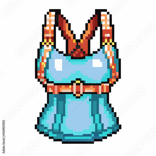 Pixel art fantasy blue armor vest with brown leather straps and gold accents, retro game equipment, rpg character outfit