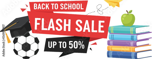 Back to school flash sale up to off education books supplies discount promotion vector illustration