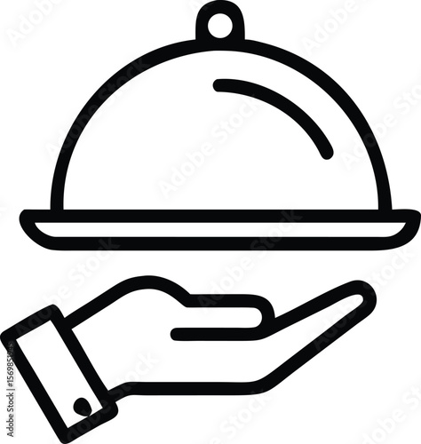Black and White Line Art Illustration of a Hand Receiving a Covered Serving Platter Food Service Icon Restaurant Menu Graphic