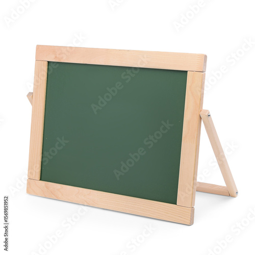 Wooden chalky green board with a stand on a white background.