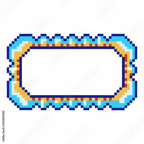 Colorful pixel art rectangle frame with geometric blue, yellow, and orange design retro digital border for creative decoration