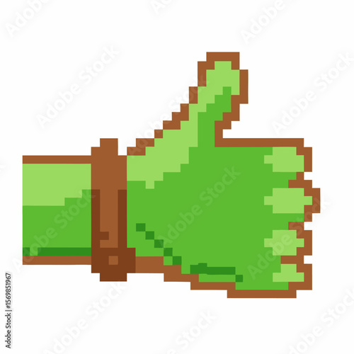 Pixelated green hand giving thumbs up retro 8 bit approval gesture, gaming icon, positive feedback, digital appreciation