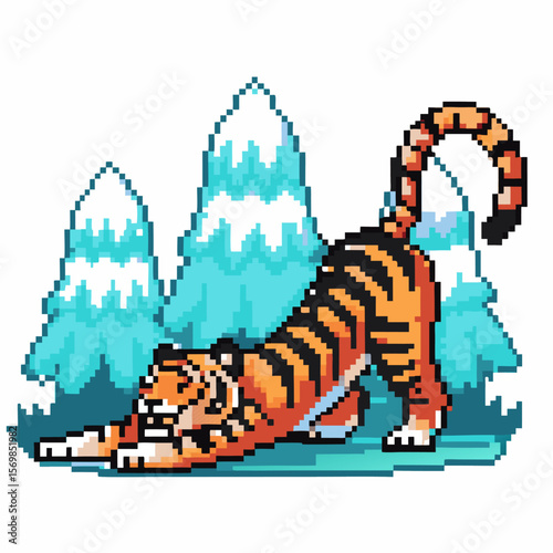 Playful tiger stretching in snowy pixel art forest, winter nature, animated wildlife, digital animal illustration