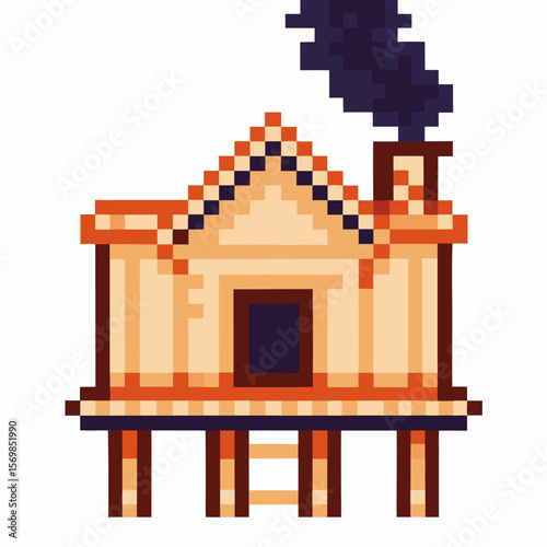 Pixel art wooden house on stilts with smoke rising from chimney retro cabin design, elevated structure, cozy atmosphere