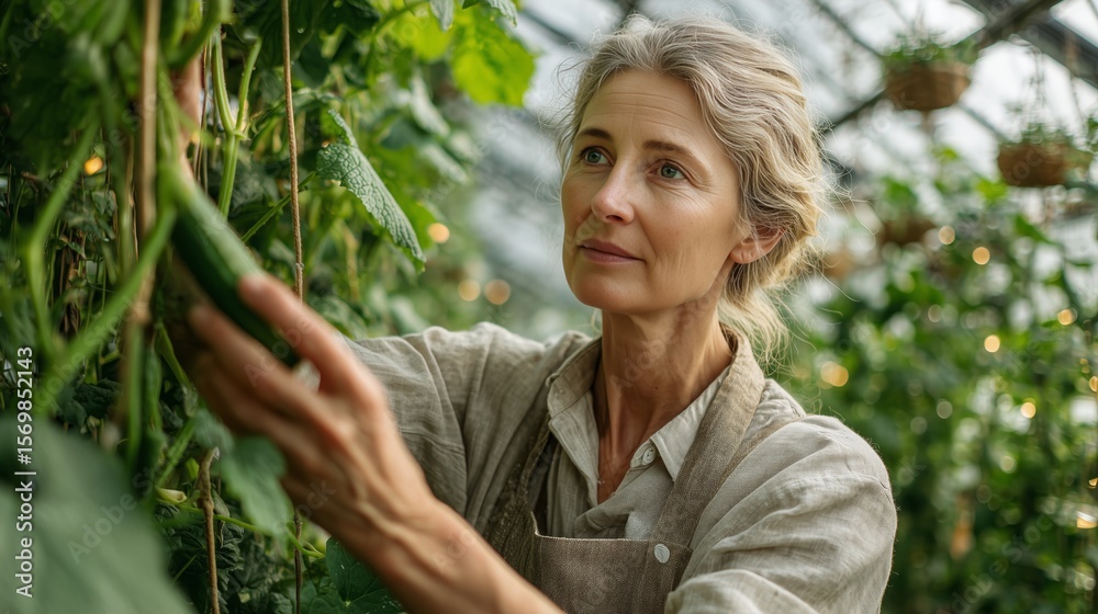 Fototapeta premium old woman standing inside a high-tech greenhouse, closely inspecting a growing cucumber on the vine, wearing a linen shirt and light cotton apron.