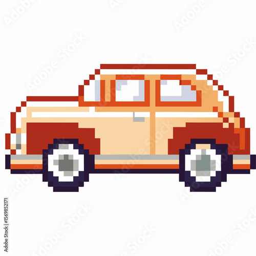 Vintage pixel car retro orange sedan in classic pixel art style, isolated icon, nostalgia, 8 bit game, digital transportation