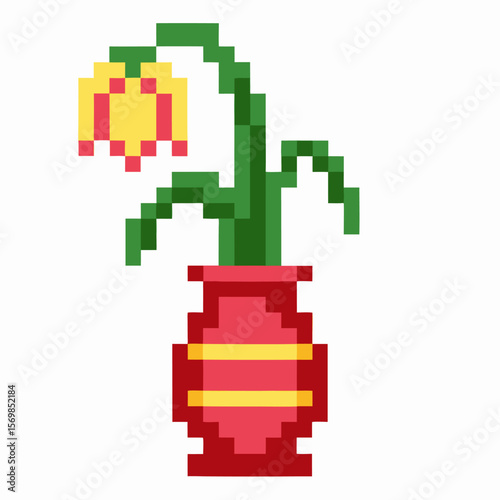 Withered yellow pixel flower in red vase retro digital art of faded plant, vintage game concept, wilted sadness illustration
