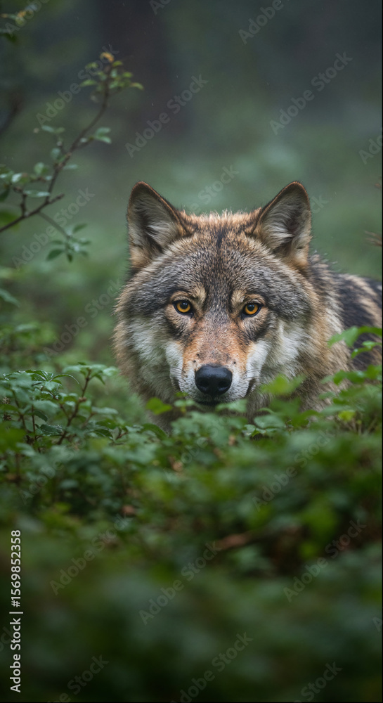 Fototapeta premium Majestic wild wolf staring intently through lush green forest vegetation, focused predator alert in natural habitat, wildlife conservation animal photography concept