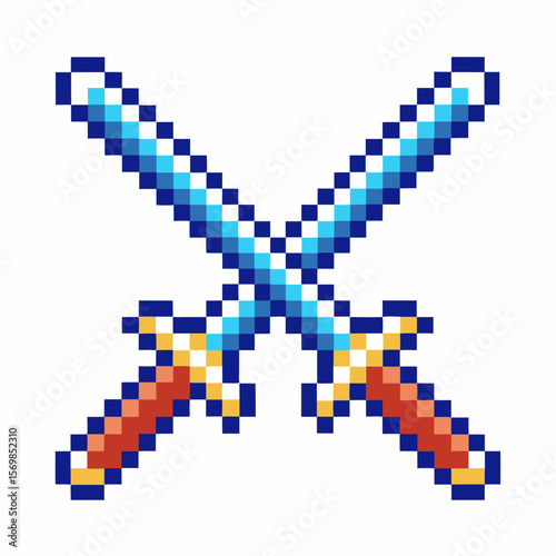 Pixel art crossed swords icon retro video game weapon design, blue medieval blades, digital pixelated symbol