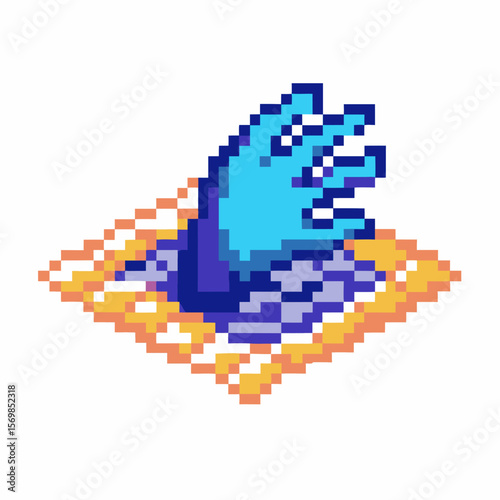 Pixel art blue wave crashing on patterned tile retro digital water splash, aquatic motion, vintage graphic design
