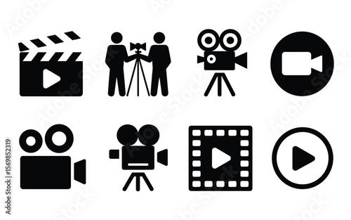 Filmmaking Icon Set – Director, Cameras, and Playback Symbols in Silhouette Style