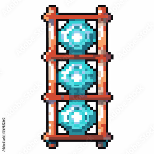 Glowing blue pixel orbs in wooden vertical frame retro digital art, fantasy magic energy item, video game gui icon