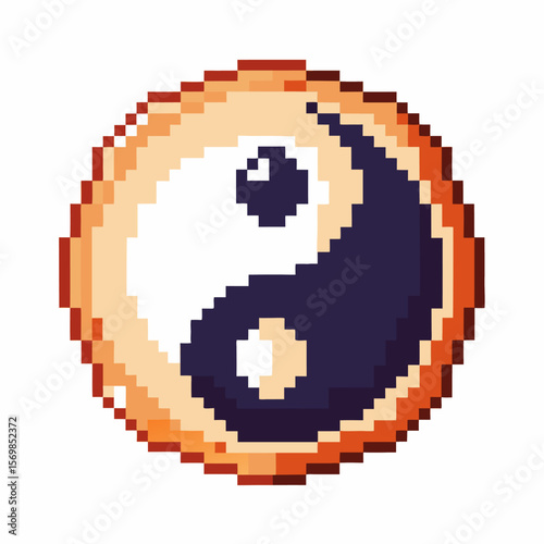 Pixel art yin yang symbol retro circular icon representing balance, harmony, duality in vintage 8 bit design