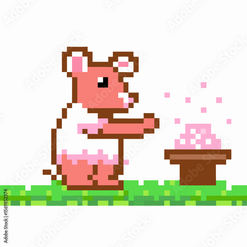Pixel art pink mouse character eating food cute retro video game animal with pixelated meal on grass platform background