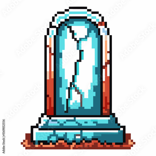 Cracked pixel art gravestone with aged stone texture, retro digital memorial monument, isolated on white background