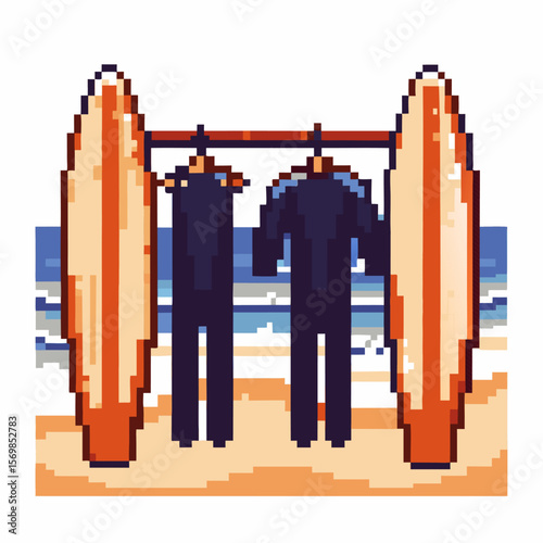 Surfboards and wetsuits drying on rack at the sandy beach ocean waves, surf lifestyle, outdoor sea adventure, pixel art