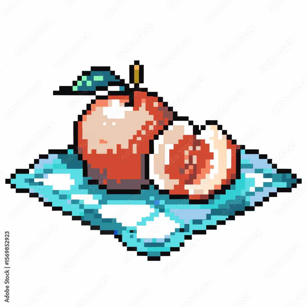 Obraz premium Pixel art ripe peach with leaf, whole and half fruit, placed on blue checkered cloth for retro digital illustration design