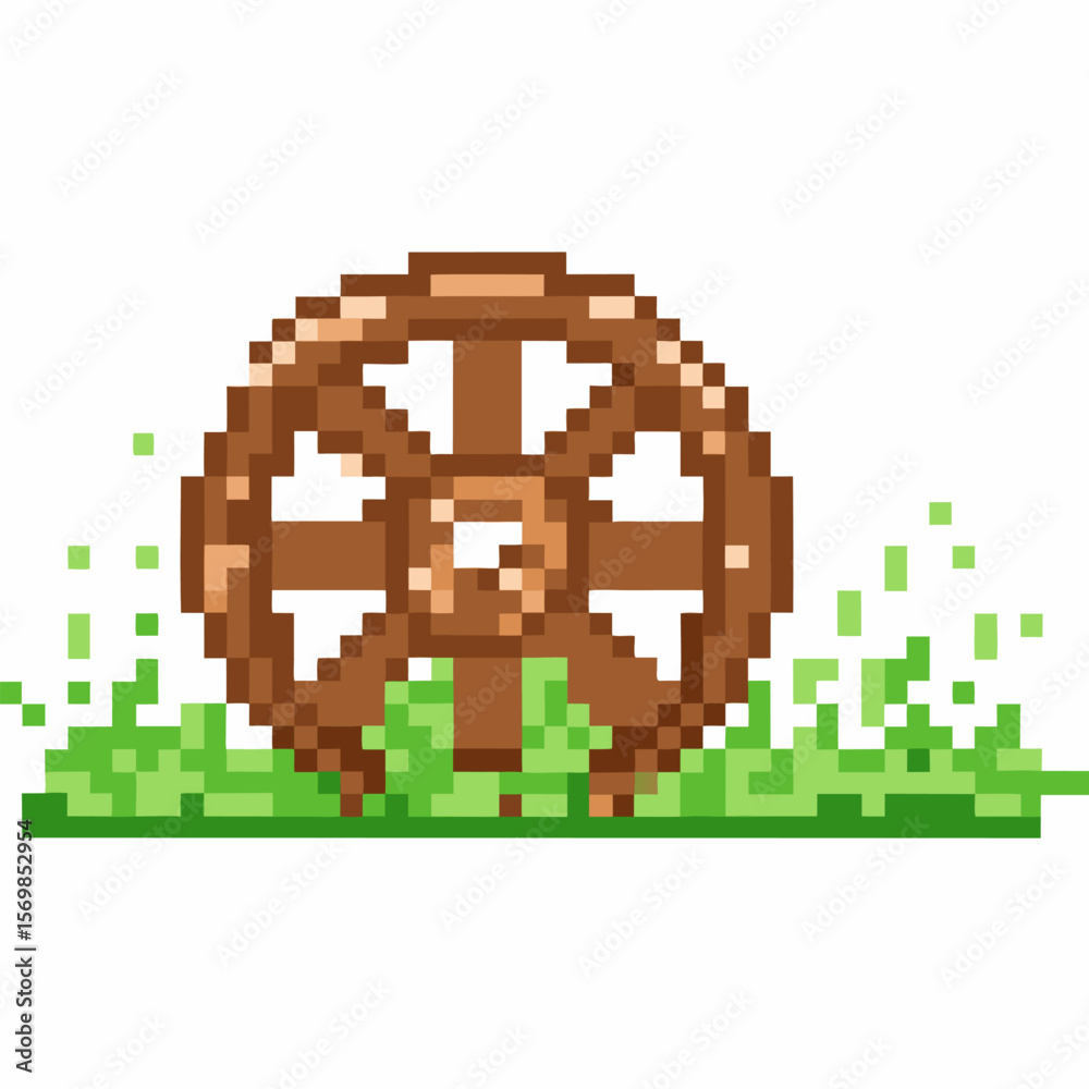 Fototapeta premium Rustic wooden wagon wheel pixel art retro old wheel design, vintage farm tool, grassy ground, 8 bit style, nostalgic game icon