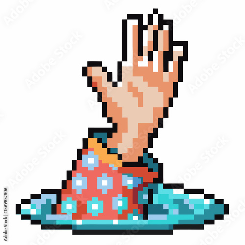 Pixel art hand reaching upward from a hole retro style, help sign, distress call, isolated white background