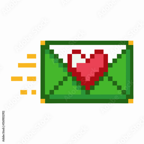 Pixel art email envelope with red heart symbol, message of love and affection, digital communication, retro icon