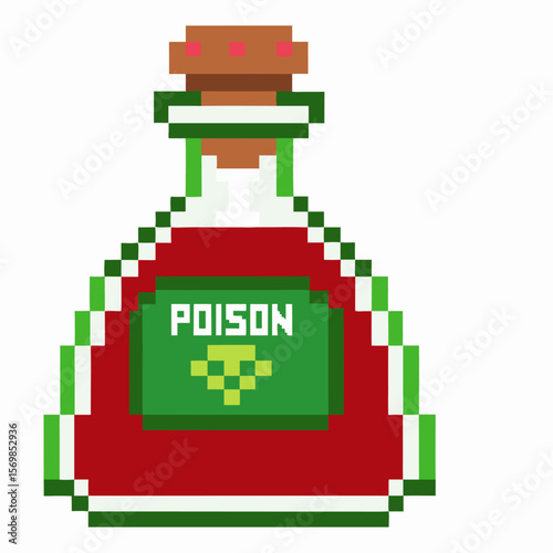 Pixel art poison potion in glass bottle retro game toxic elixir, dangerous green liquid, fantasy roleplay item