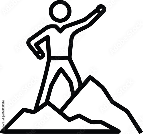 Black Line Art Illustration of Person Standing on Mountaintop Arm Raised in Victory figure human