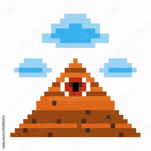 Pixel art pyramid with all seeing eye and clouds retro digital illustration, mystic symbol, conspiracy concept, 8 bit