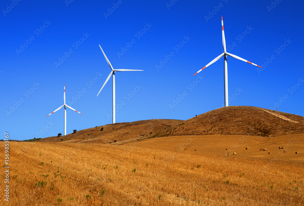 Alternative / renewable energy. Portugal, Alentejo Region, Wind power turbines in an autumn crop field against a deep blue sky. Alternative / renewable energy. Portugal, Alentejo Region, Wind power turbines in an autumn crop field against a deep blue sky.