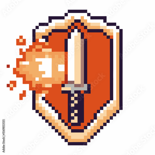Pixel art shield and flaming sword icon retro digital protection emblem for gaming, adventure achievements, combat upgrade reward