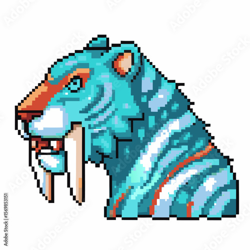 Retro pixel sabertooth tiger side profile, icy blue fur, prehistoric animal art, digital gaming mascot design