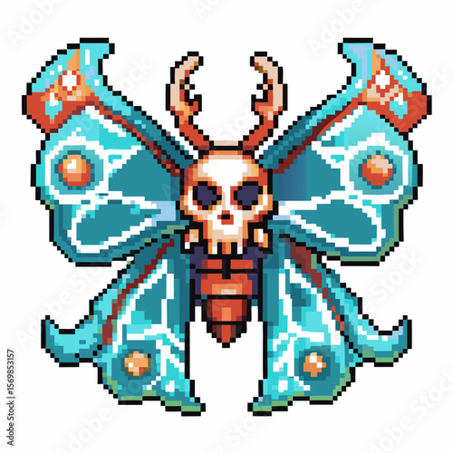 Pixel art butterfly with skull face and blue wings, fantasy creature, retro style, videogame asset, digital icon