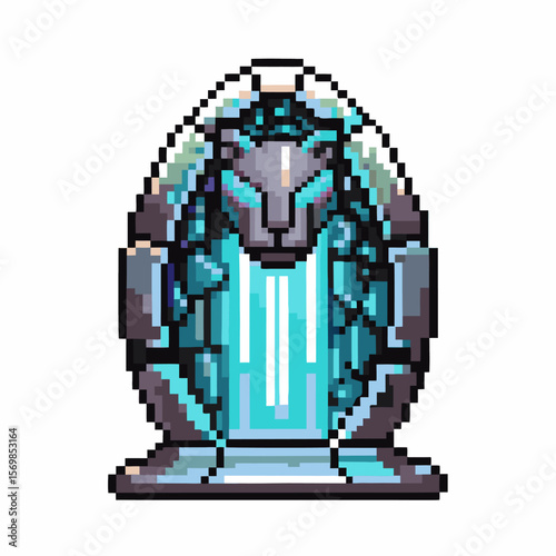 Futuristic robotic lion with glowing blue core pixel art style, sci fi technology, cyber feline guardian, digital marvel