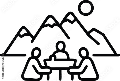 Three figures seated at a table outdoors with mountains and sun in the background simple line art illustration