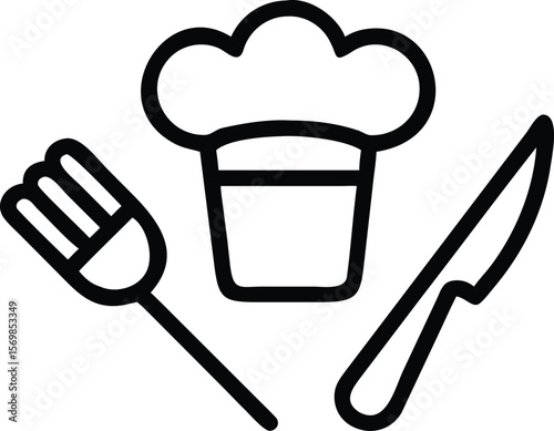 Black Line Art Chef Hat Fork Knife Culinary Icon Restaurant Food Symbol vector