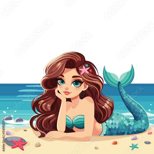 Beautiful cute mermaid with beautiful eyes lies on the beach with seashells and pebbles on white background. Vector illustration in flat cartoon style