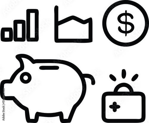 Black and White Line Art Icons Piggy Bank Bar Graph Medical Kit Dollar Sign Financial Health Savings Investment