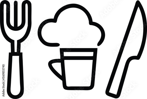 Black and white line art illustration of a fork mug and knife chef hat food drink restaurant menu icon