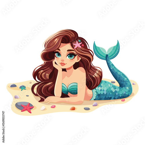 Beautiful cute mermaid with beautiful eyes lies on the beach with seashells and pebbles on white background. Vector illustration in flat cartoon style