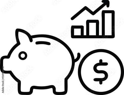 Piggy Bank Savings Growth Chart Dollar Icon Black White Line Art Illustration piggybank