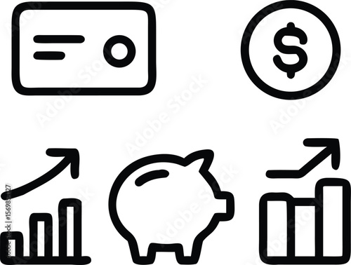 Black and White Financial Icons Piggy Bank Credit Card Dollar Coin Graph Upward Trend Savings Growth