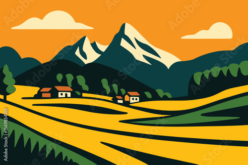 Rural Landscape with Mountains, Houses, Fields, and Trees Scenic Countryside Vector