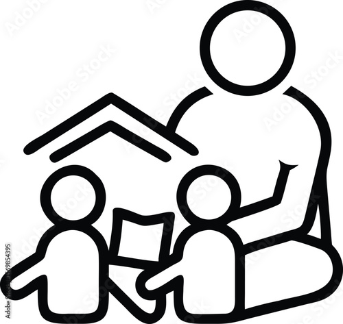 Black and White Line Art Illustration of an Adult Reading to Two Children in a House Setting vector