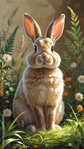 Serene Light Brown Rabbit in Wildflower Meadow; Peaceful, Whimsical, Springtime Illustration
