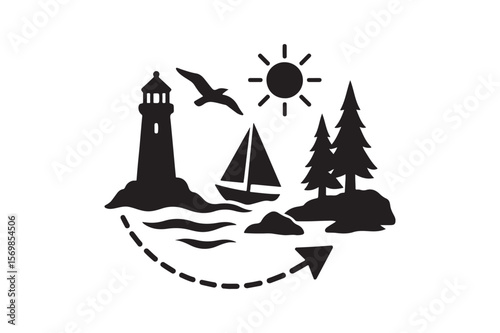 Coastal landscape silhouette vector art illustration on white background